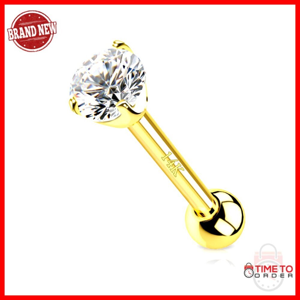 14K Solid Gold Tragus Stud Earrings 16g 8mm Length 3mm CZ